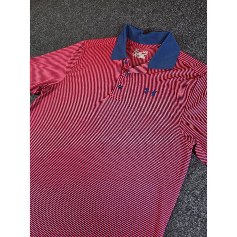 Under Armour HeatGear Polo Men's Small Red Navy Striped Loose Fit Golf Shirt